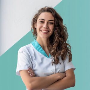 Professionnelle de santé en blouse, bras croisés, fond graphique bicolore