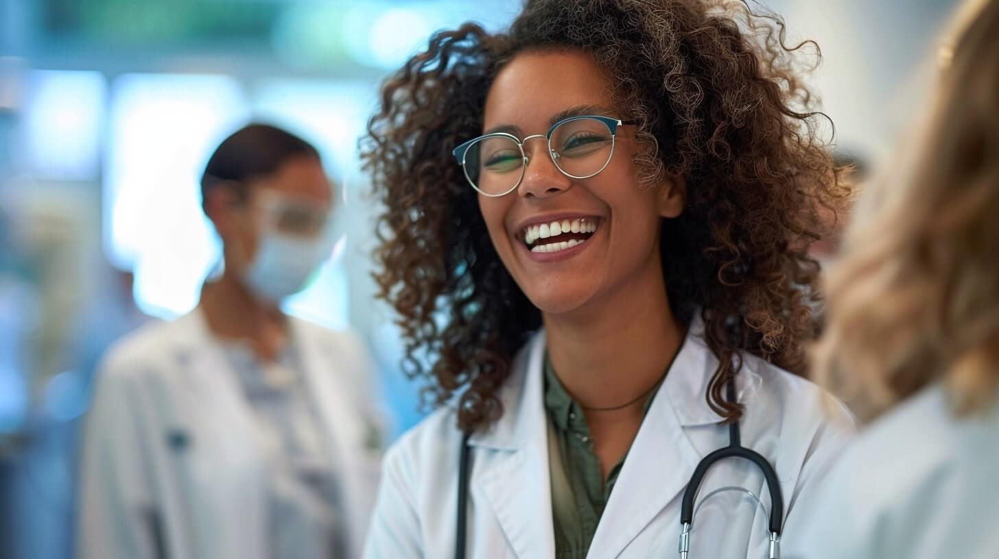 Professionnelle de santé souriante portant une blouse, échange avec un interlocuteur dans un environnement médical