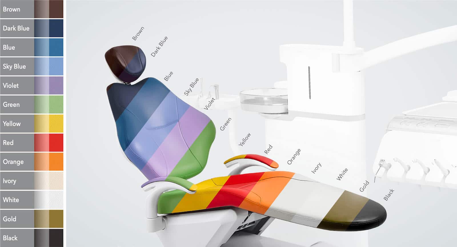 options de couleurs et revêtements disponibles pour fauteuil dentaire