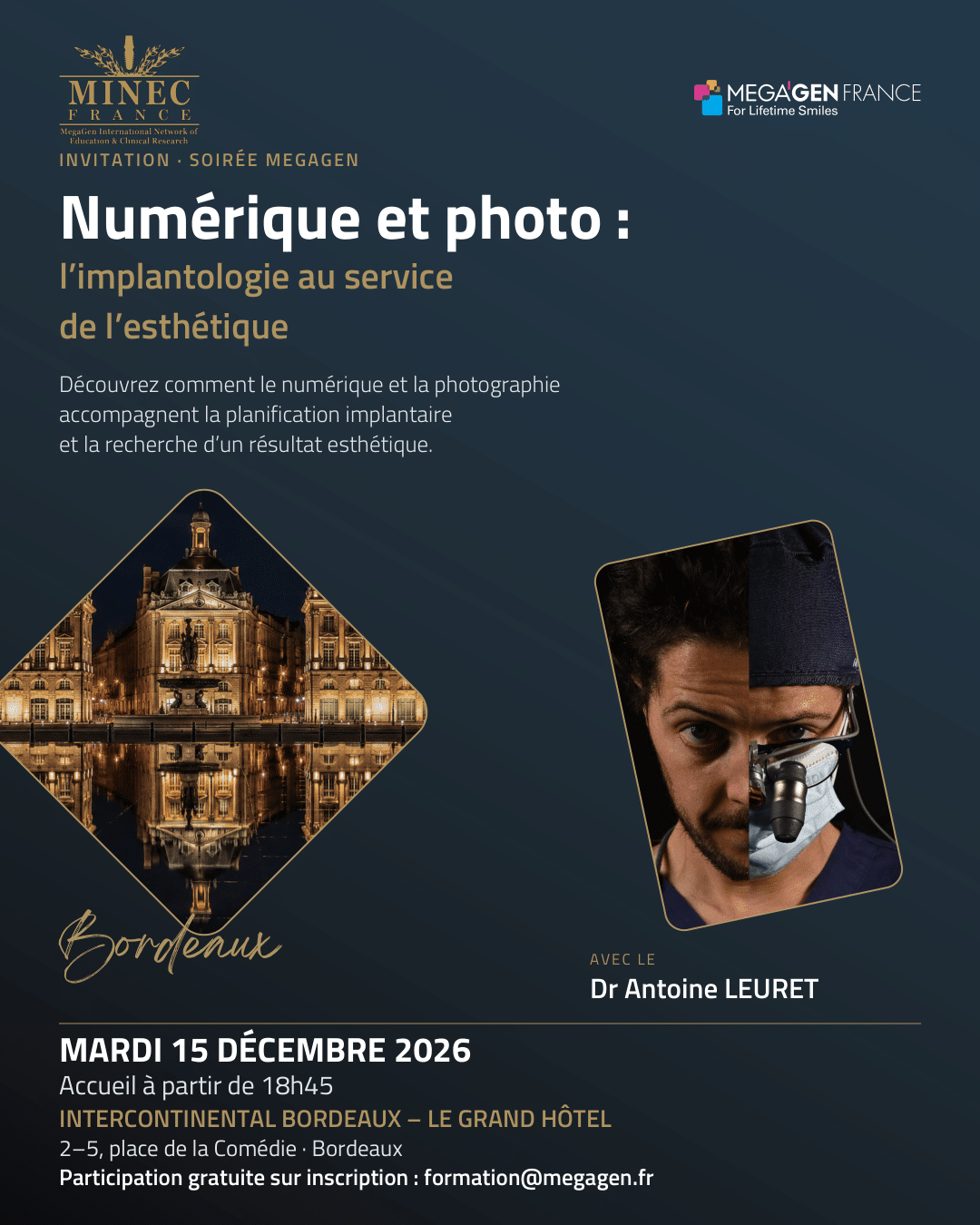 Invitation officielle à la soirée MegaGen Bordeaux du 15 décembre 2026 avec le Dr Antoine Leuret.